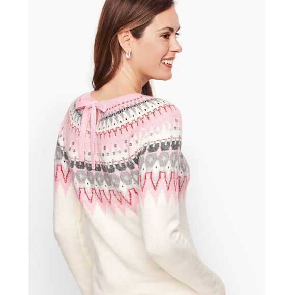 Talbots Icicle Fair Isle Sweater Cream Pink Bow Back Sequin Size XL Winter - Picture 3 of 11